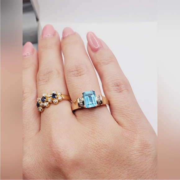 10k Solid Yellow Gold Genuine Emerald Cut Blue Topaz & Diamond Ring - Picture 3 of 6
